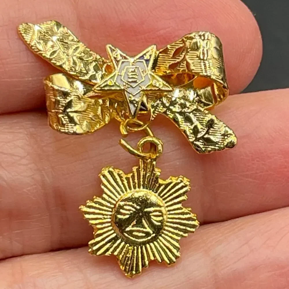 Vtg Order of the Eastern Star Brooch Sun Dangle Bow OES Masonic Gold Tone 1.25